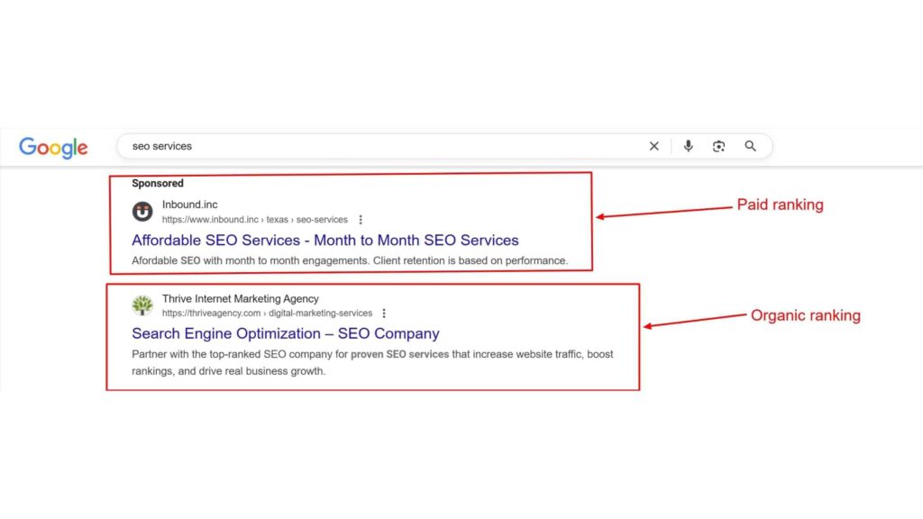 example of paid ranking and organic ranking in serp